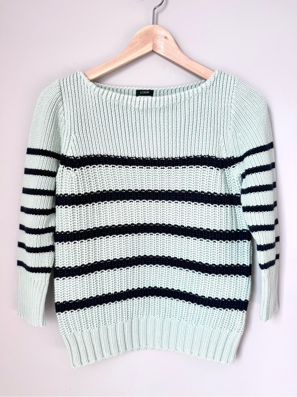 J. Crew Women's Mint Green & Navy Stripe Knit Sweater 3/4 Sleeve - Picture 1 of 3